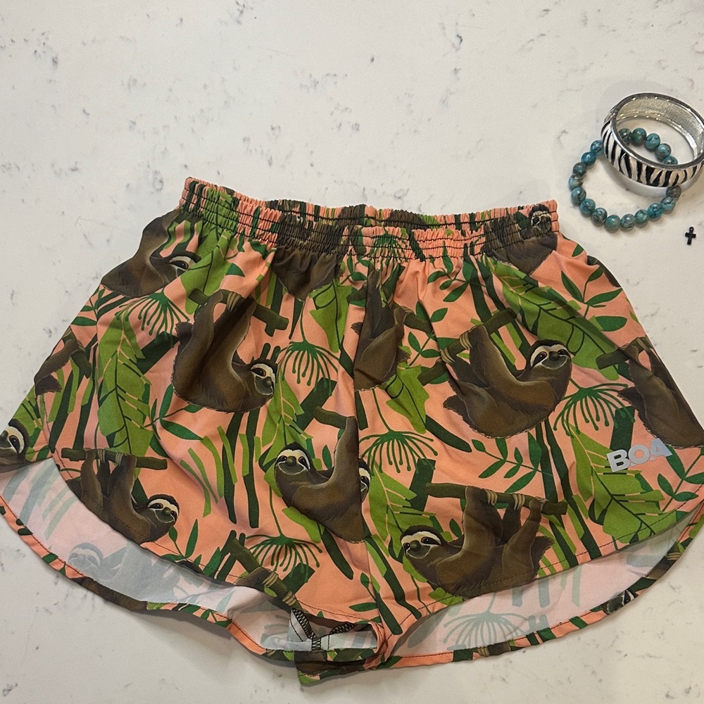 BOA Women's Athletic Shorts - Green and Pink Sloth Print